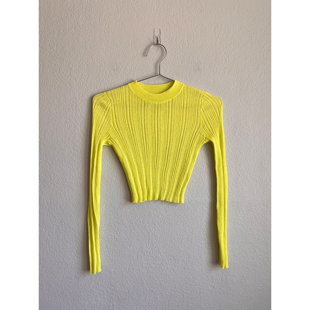 Zara Sheer Ribbed Knit Crew Neck Crop Top in Neon Yellow Size SMALL